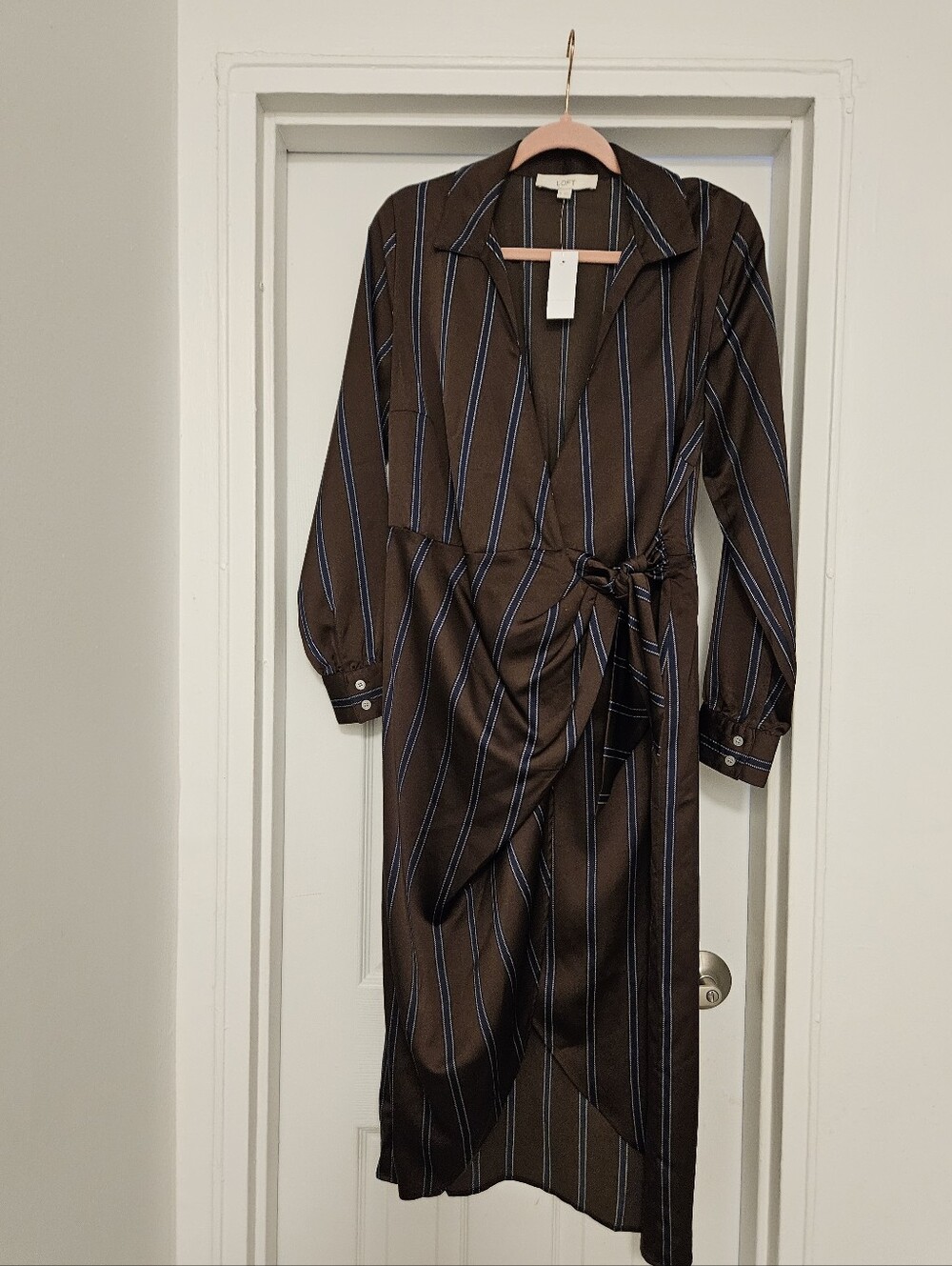 LOFT Brown Wrap Midi Dress with Blue Pinstripes - Picture 2 of 7